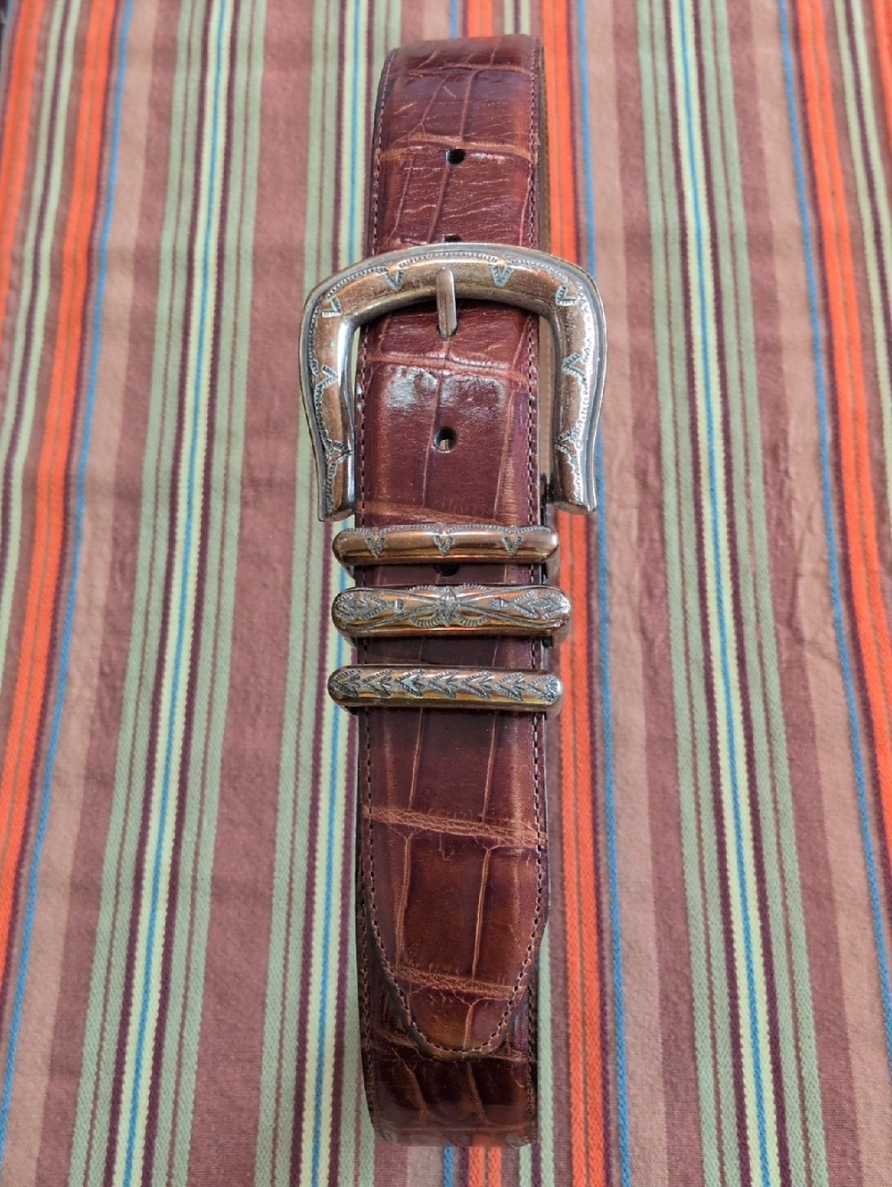 Women's Embossed Brown Leather Belt with Decorative Silver Tone Buckle